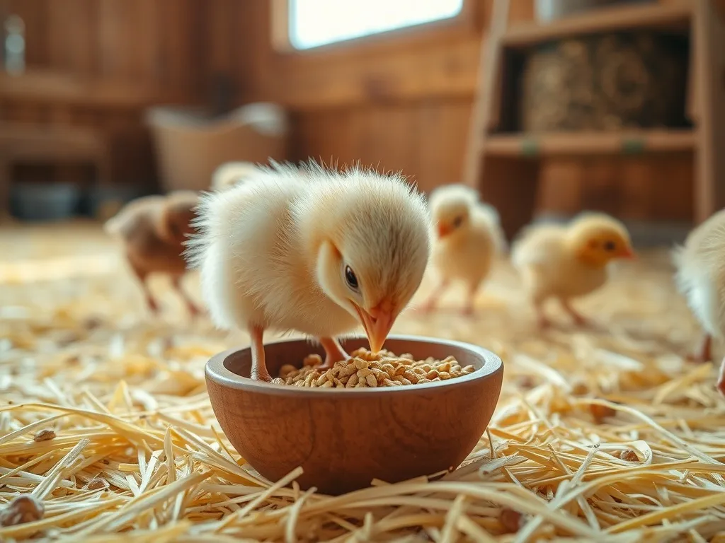 Puszyste pisklę kury je naturalną paszę z miseczki, w tle inne pisklęta na słomie w jasnym, przytulnym kurniku.