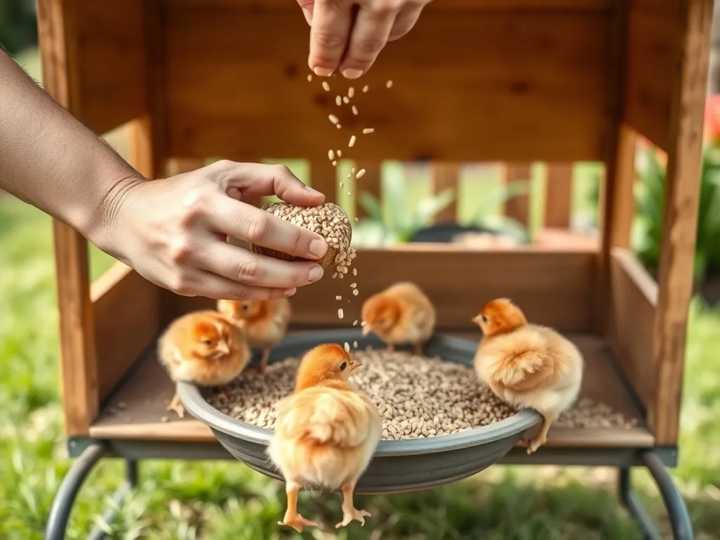 Ręce wsypują naturalną paszę do karmidła, a 4‑tygodniowe kurczęta w przydomowym kurniku chętnie ją wydziobują.