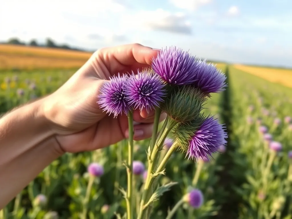 Dłoń rolnika trzyma dojrzałe koszyczki ostropestu na tle zdrowej plantacji, symbolizując plon i opłacalną uprawę