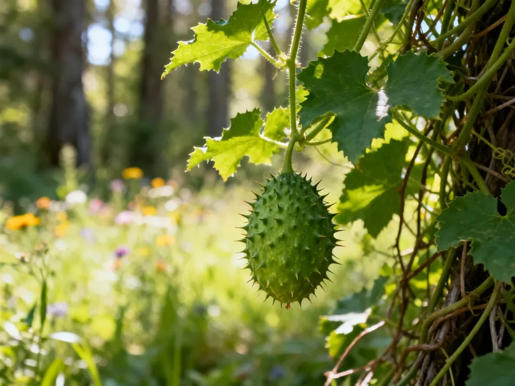 Zbliżenie na kolczasty owoc dzikiego ogórka zwisający z gęstego pnącza w naturalnym, leśnym otoczeniu.