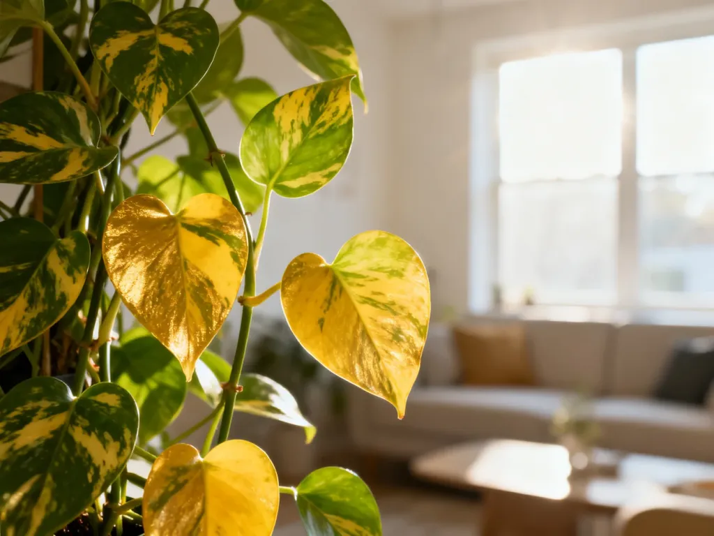 Zdrowe Epipremnum 'Happy Leaf' o pstrych, sercowatych liściach w słonecznym, nowoczesnym salonie.
